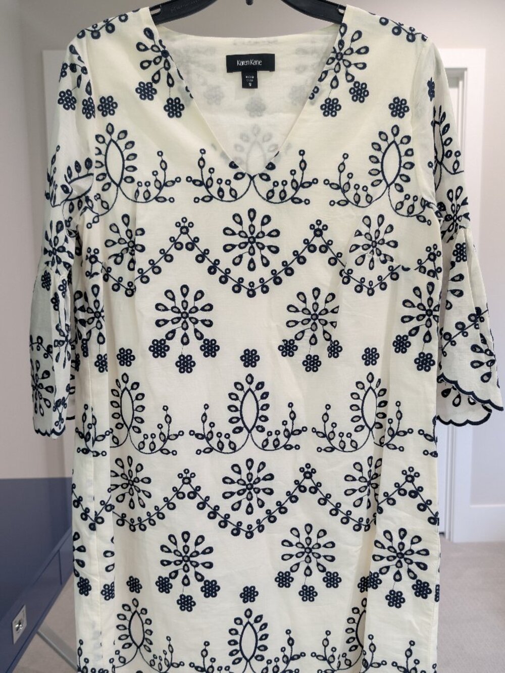 Karen Kane Cream+Navy Blue Embroidered Dress